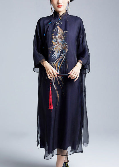 Boutique Black Phoenix Embroidered Silk Long Dress Summer