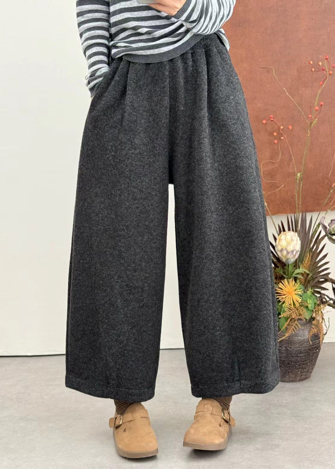 Boutique Black Pockets Patchwork Thick Woolen Pants Winter