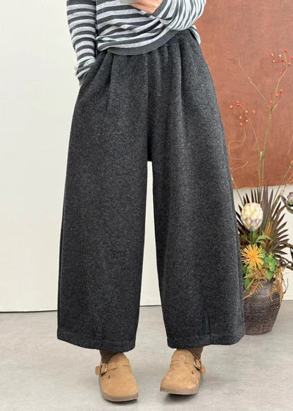 Boutique Black Pockets Patchwork Thick Woolen Pants Winter