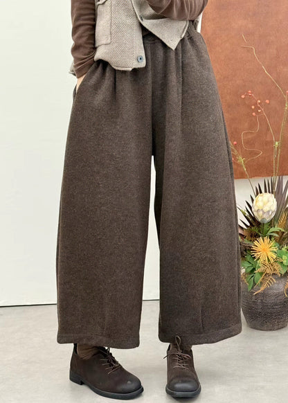 Boutique Black Pockets Patchwork Thick Woolen Pants Winter