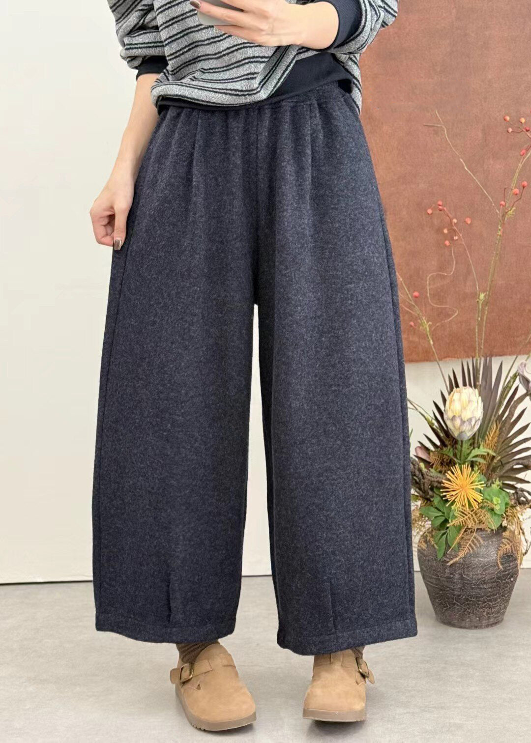 Boutique Black Pockets Patchwork Thick Woolen Pants Winter