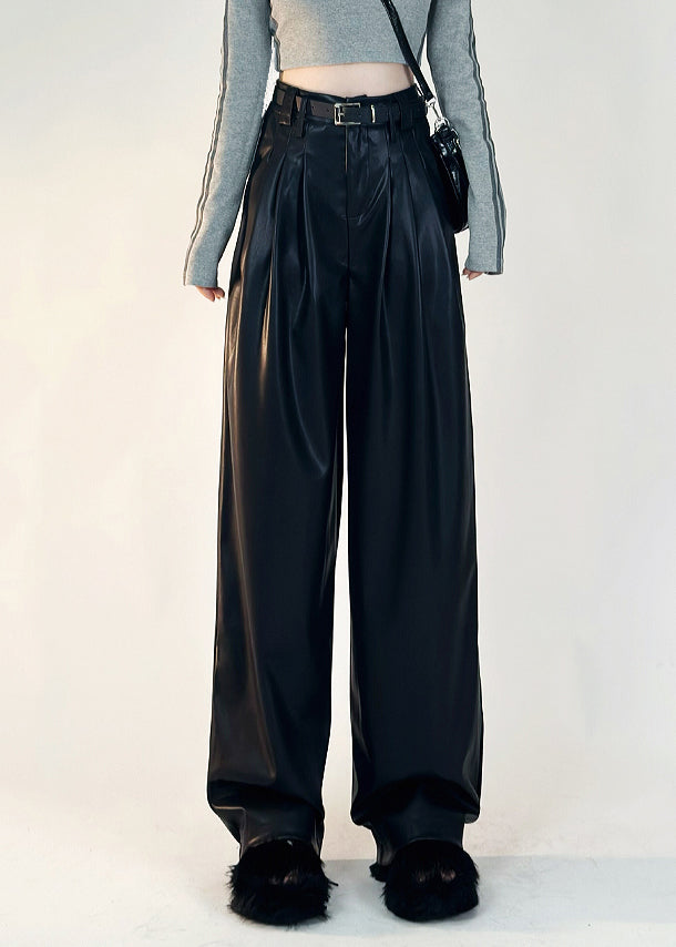 Boutique Black Pockets Solid Warm Fleece Faux Leather Pants