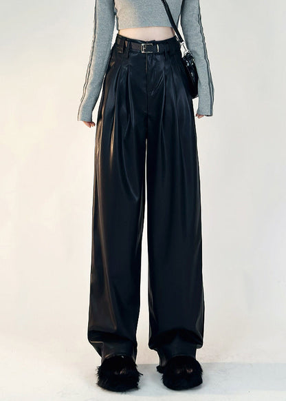 Boutique Black Pockets Solid Warm Fleece Faux Leather Pants