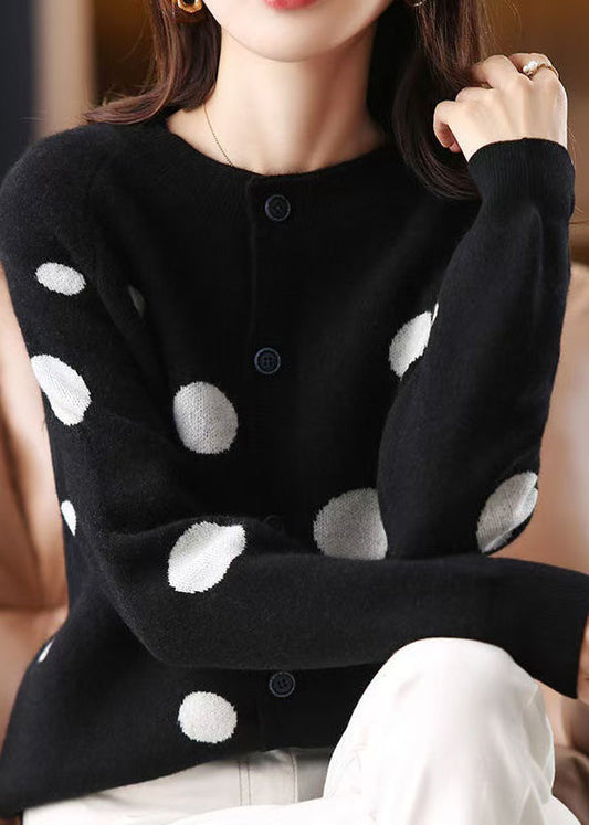 Boutique Black Print Button Cozy Cotton Knit Coats Fall
