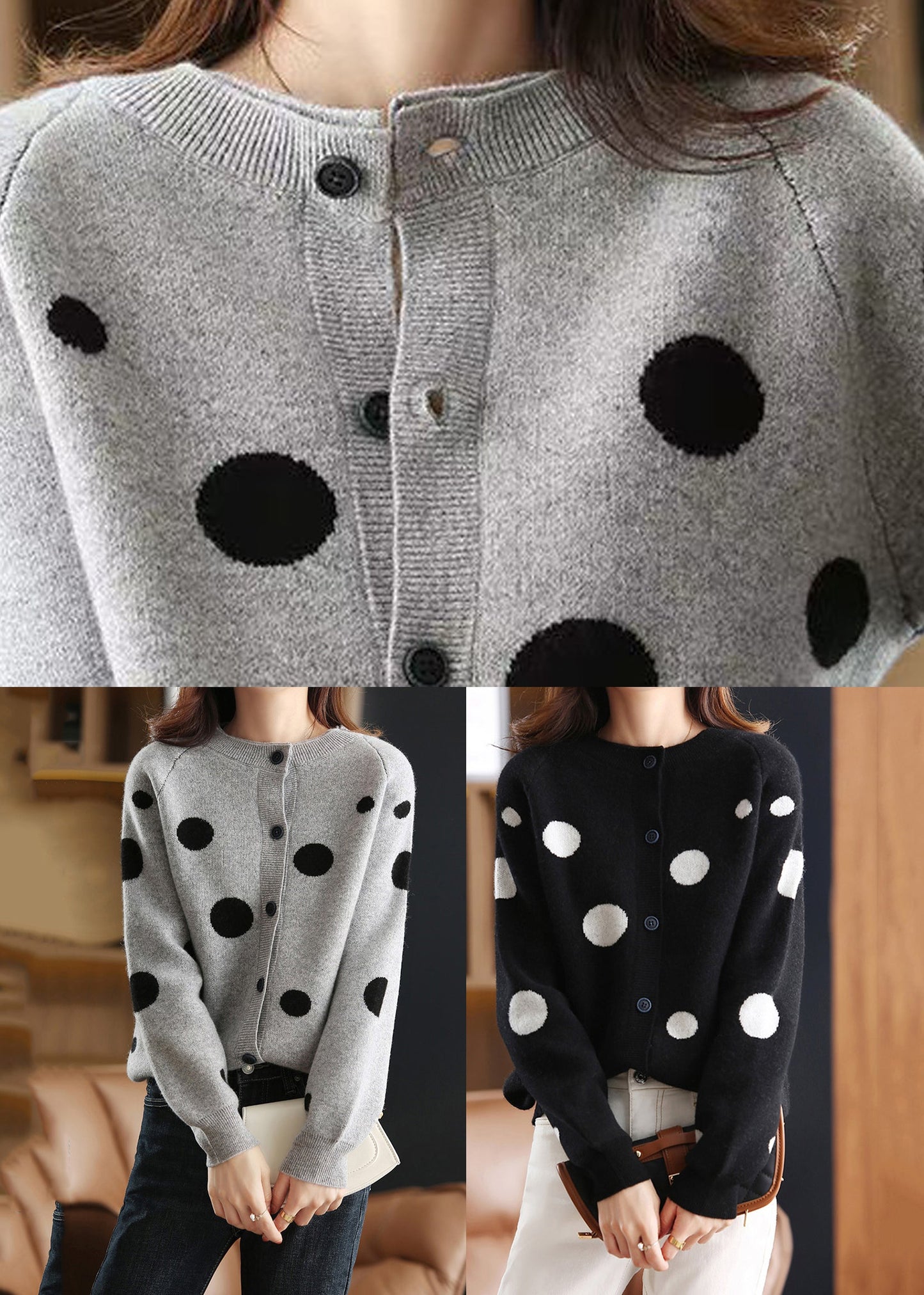 Boutique Black Print Button Cozy Cotton Knit Coats Fall