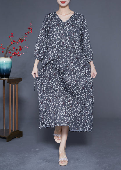 Boutique Black Ruffled Print Chiffon Long Dresses Bracelet Sleeve