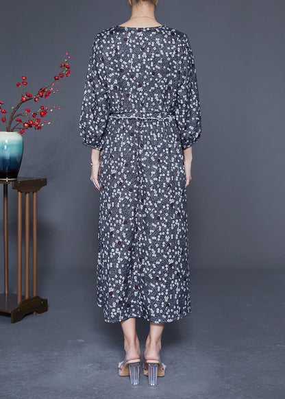 Boutique Black Ruffled Print Chiffon Long Dresses Bracelet Sleeve