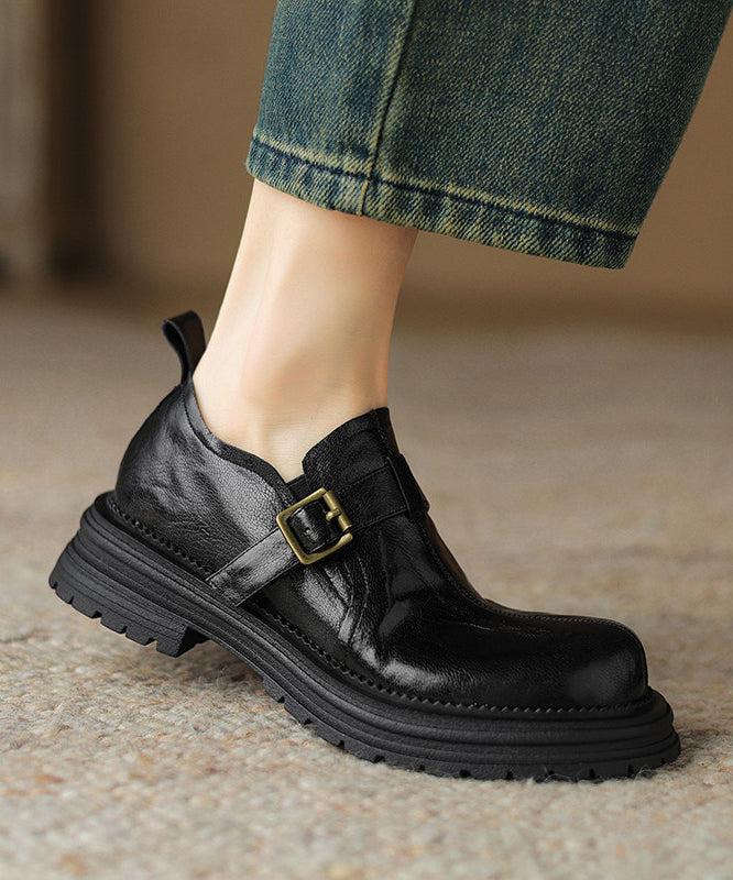 Boutique Black Sheepskin Splicing Platform Loafer Shoes