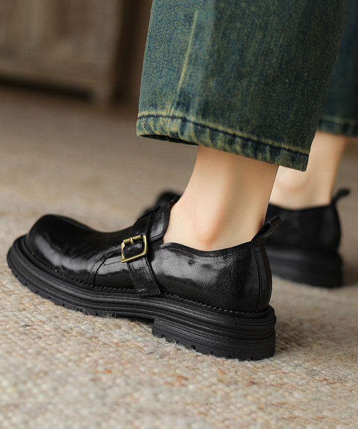 Boutique Black Sheepskin Splicing Platform Loafer Shoes