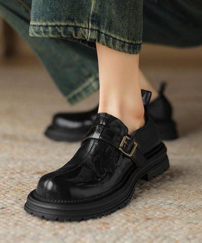 Boutique Black Sheepskin Splicing Platform Loafer Shoes