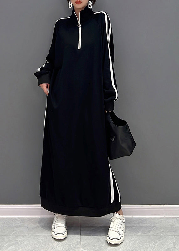 Boutique Black Stand Collar Zip Up Cotton Sweatshirt Dress Spring