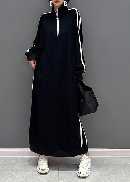 Boutique Black Stand Collar Zip Up Cotton Sweatshirt Dress Spring