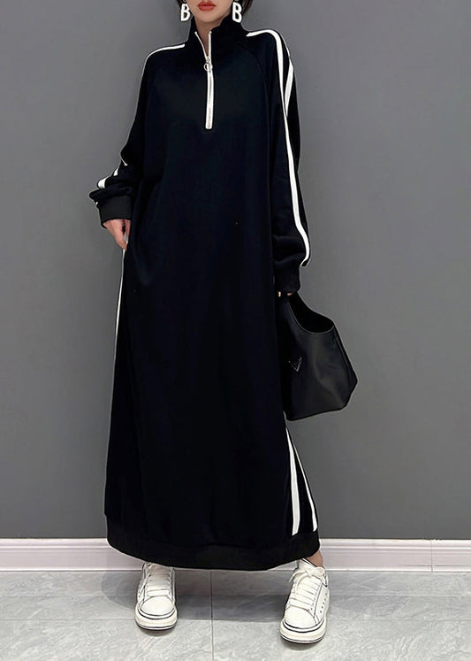 Boutique Black Stand Collar Zip Up Cotton Sweatshirt Dress Spring