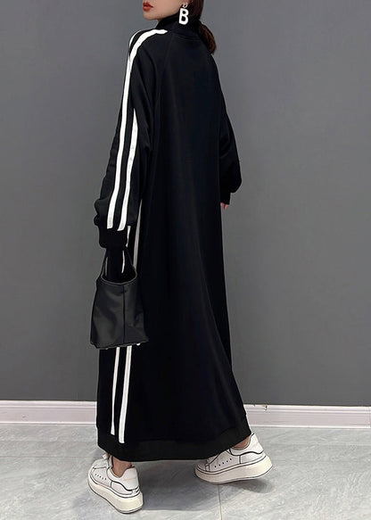 Boutique Black Stand Collar Zip Up Cotton Sweatshirt Dress Spring