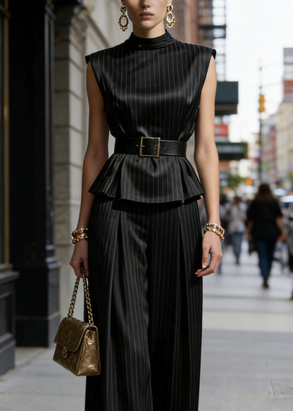 Boutique Black Striped Silk Two Pieces Set Sleeveless