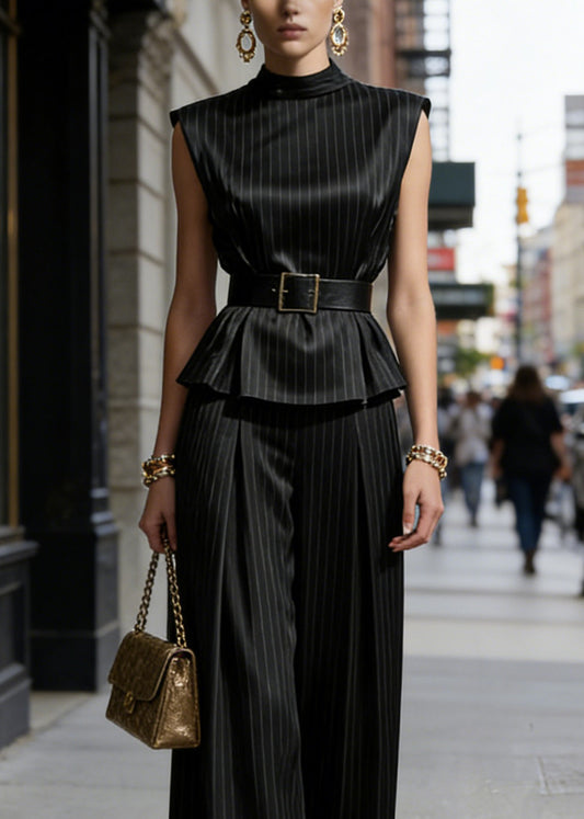 Boutique Black Striped Silk Two Pieces Set Sleeveless
