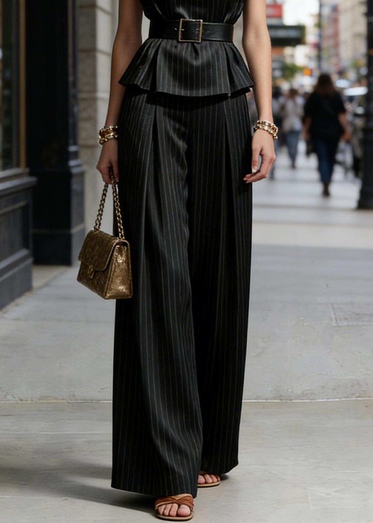 Boutique Black Striped Silk Two Pieces Set Sleeveless