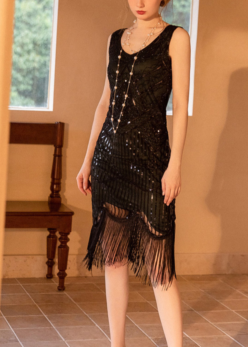 Boutique Black Tasseled Sequins Mini Dress Sleeveless