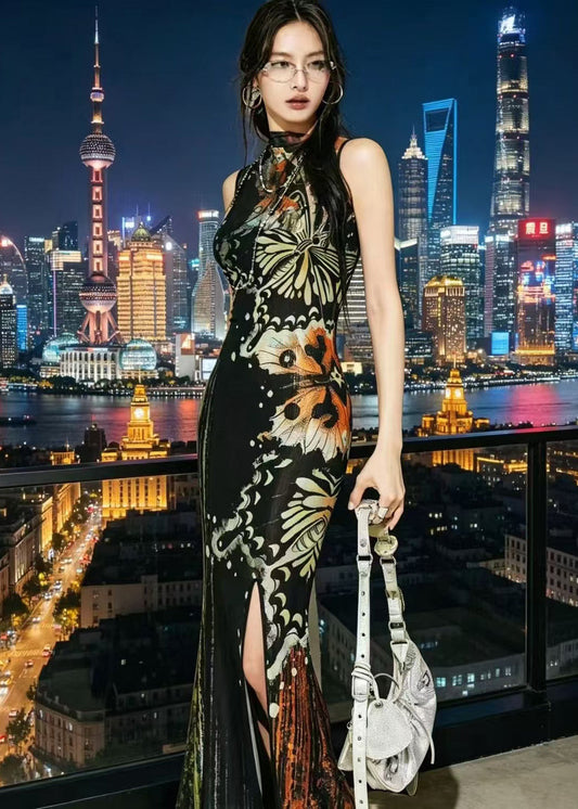 Boutique Black Turtleneck Print Tulle Long Dresses Two Pieces Set Summer