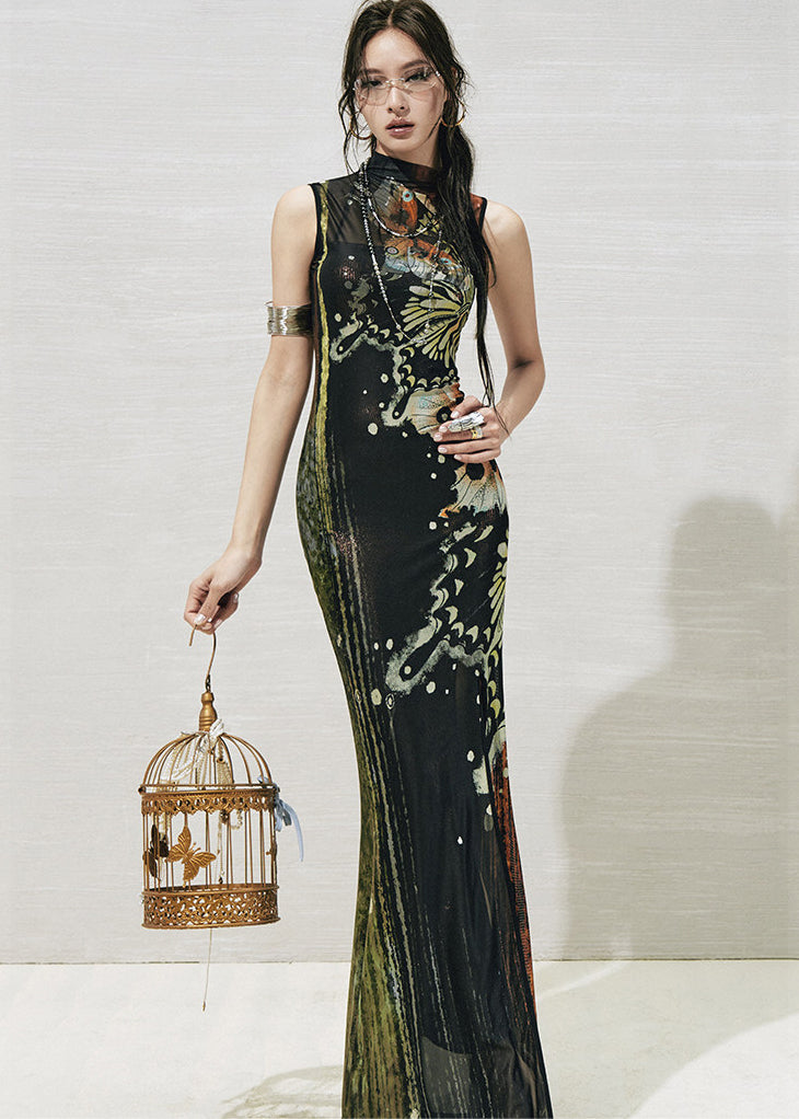 Boutique Black Turtleneck Print Tulle Long Dresses Two Pieces Set Summer