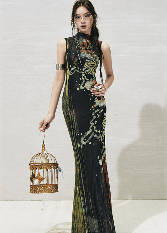 Boutique Black Turtleneck Print Tulle Long Dresses Two Pieces Set Summer