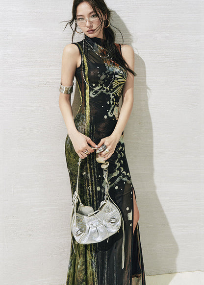 Boutique Black Turtleneck Print Tulle Long Dresses Two Pieces Set Summer