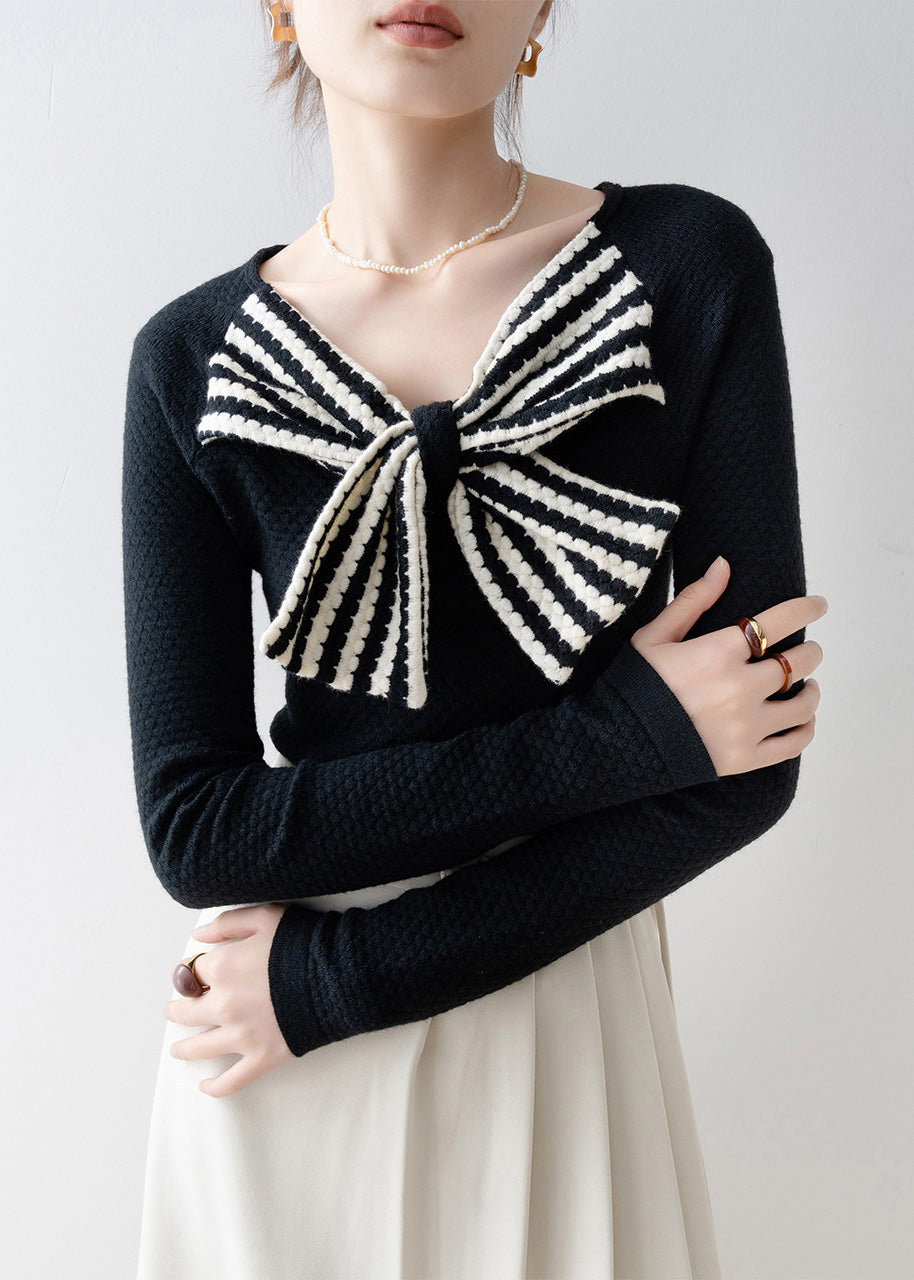 Boutique Black V Neck Bow Patchwork Knit Sweaters Spring