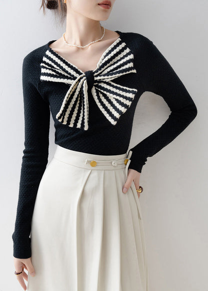 Boutique Black V Neck Bow Patchwork Knit Sweaters Spring