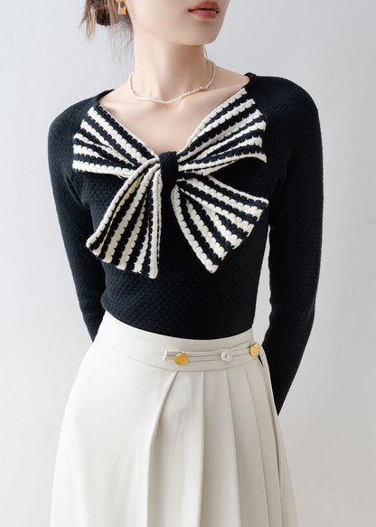 Boutique Black V Neck Bow Patchwork Knit Sweaters Spring
