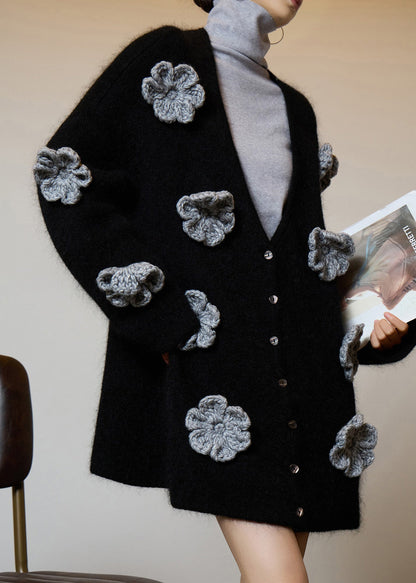 Boutique Black V Neck Floral Button Knit Cardigans Spring