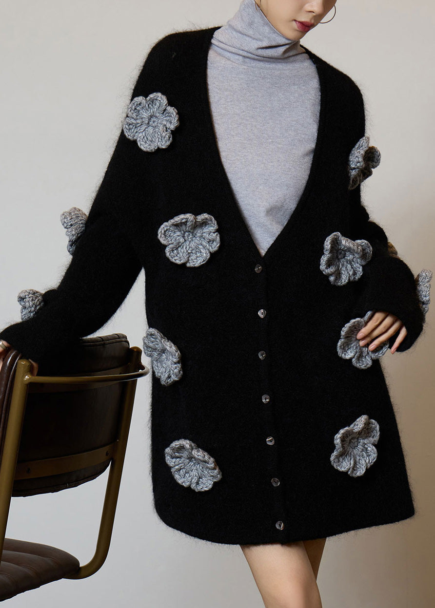 Boutique Black V Neck Floral Button Knit Cardigans Spring
