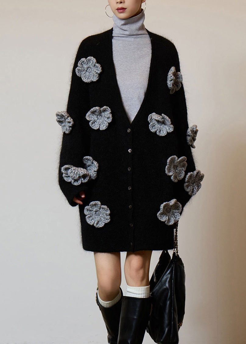 Boutique Black V Neck Floral Button Knit Cardigans Spring