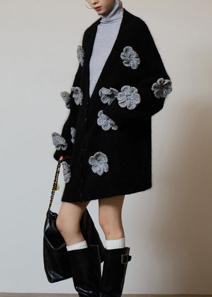 Boutique Black V Neck Floral Button Knit Cardigans Spring