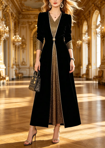 Boutique Black V Neck Patchwork Silk Velvet Long Dresses Spring