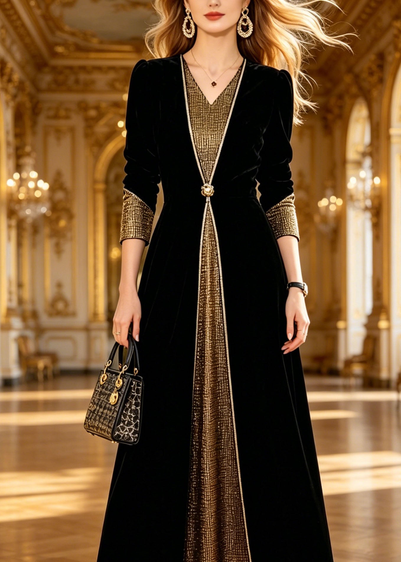 Boutique Black V Neck Patchwork Silk Velvet Long Dresses Spring