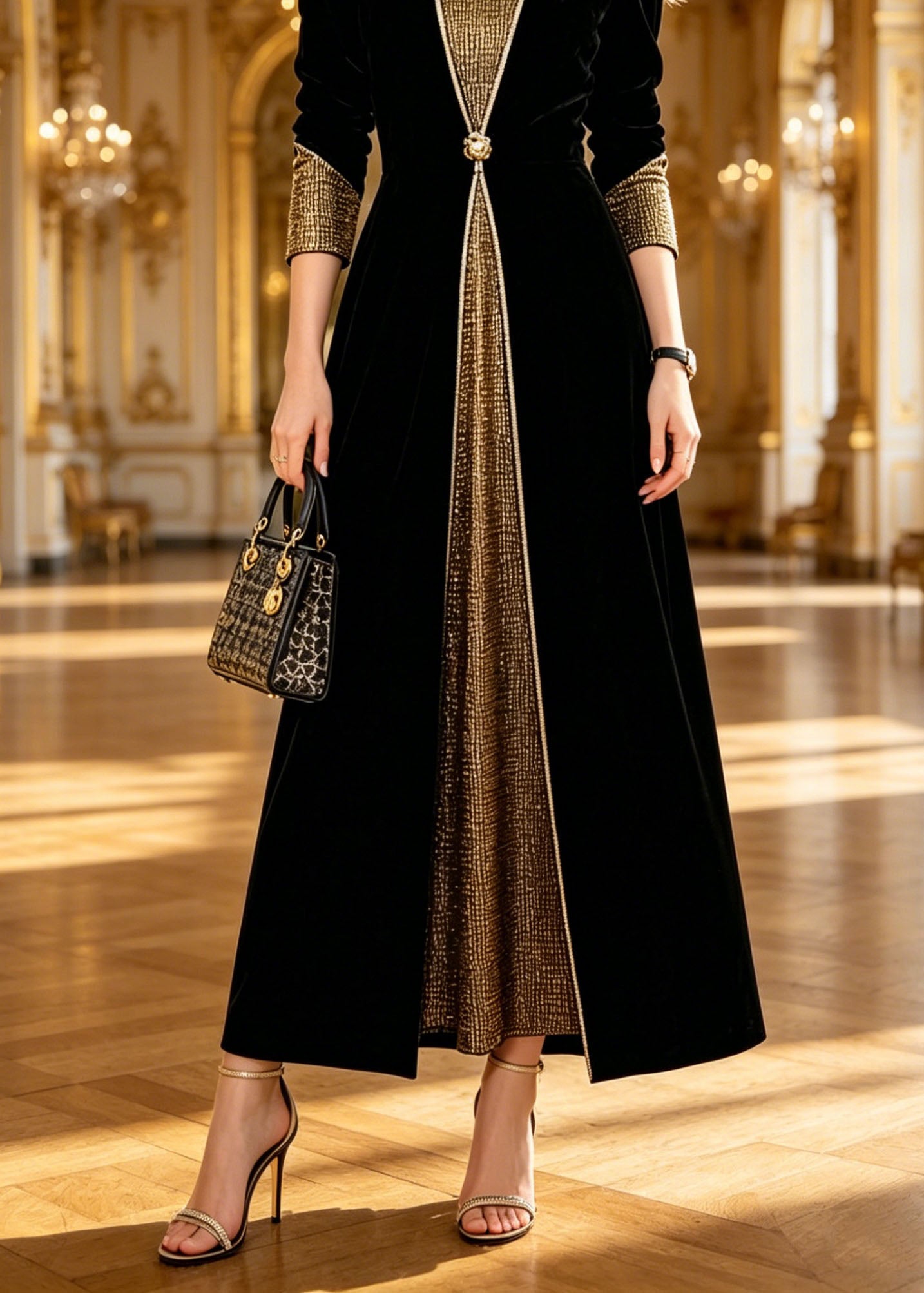 Boutique Black V Neck Patchwork Silk Velvet Long Dresses Spring