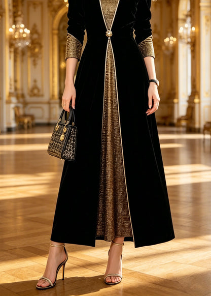 Boutique Black V Neck Patchwork Silk Velvet Long Dresses Spring
