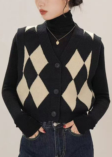 Boutique Black V Neck Plaid Knit Vest Cardigans Sleeveless