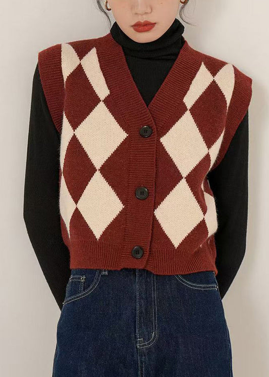 Boutique Black V Neck Plaid Knit Vest Cardigans Sleeveless