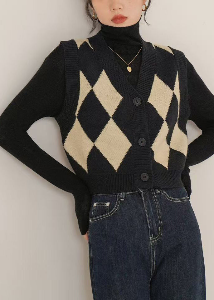 Boutique Black V Neck Plaid Knit Vest Cardigans Sleeveless
