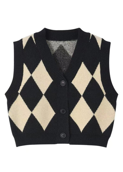 Boutique Black V Neck Plaid Knit Vest Cardigans Sleeveless