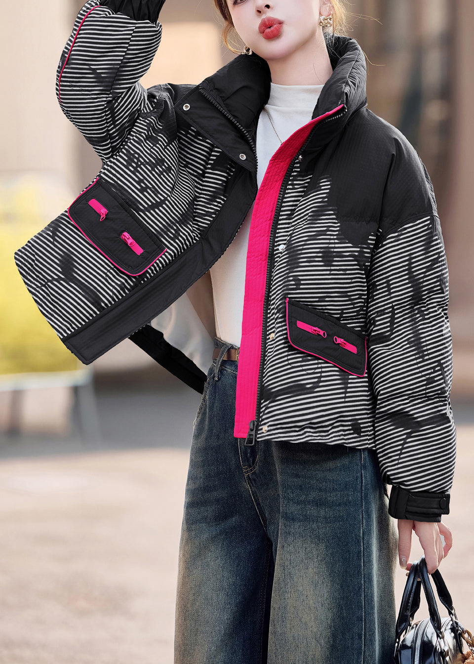 Boutique Black Zip Up Striped Duck Down Down Jacket Winter