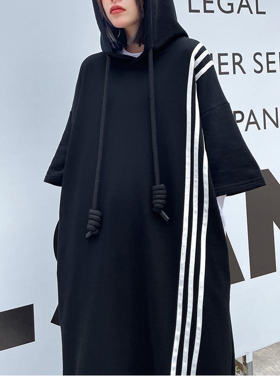 Boutique Black hooded Cotton side open Summer Dresses - SooLinen