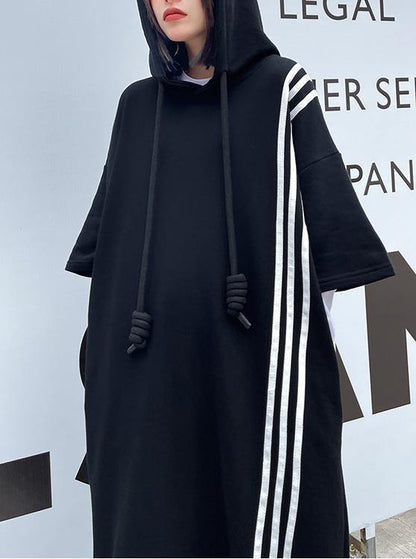 Boutique Black hooded Cotton side open Summer Dresses - SooLinen