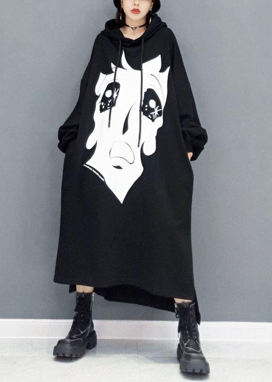 Boutique Black hooded Print Side Open Long Dress Fall Long Sleeve - SooLinen