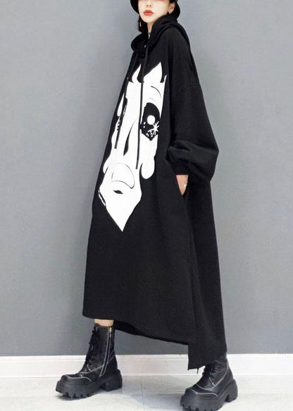 Boutique Black hooded Print Side Open Long Dress Fall Long Sleeve - SooLinen