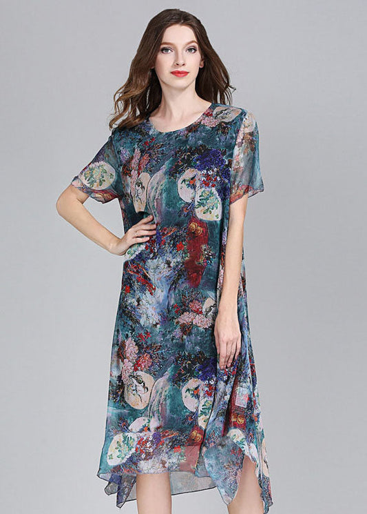 Boutique Blue Asymmetrical Print Patchwork Chiffon Mid Dress Summer
