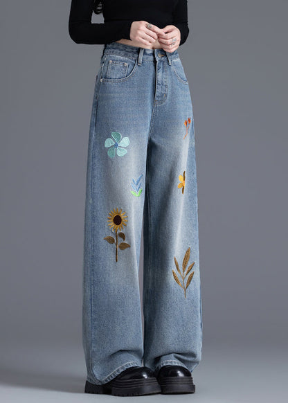 Boutique Blue Embroidered Floral Denim Straight Pants Spring