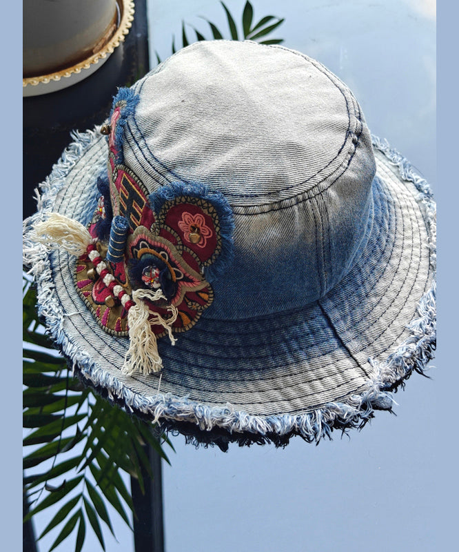 Boutique Blue Embroidered Tiger Head Denim Bucket Hat