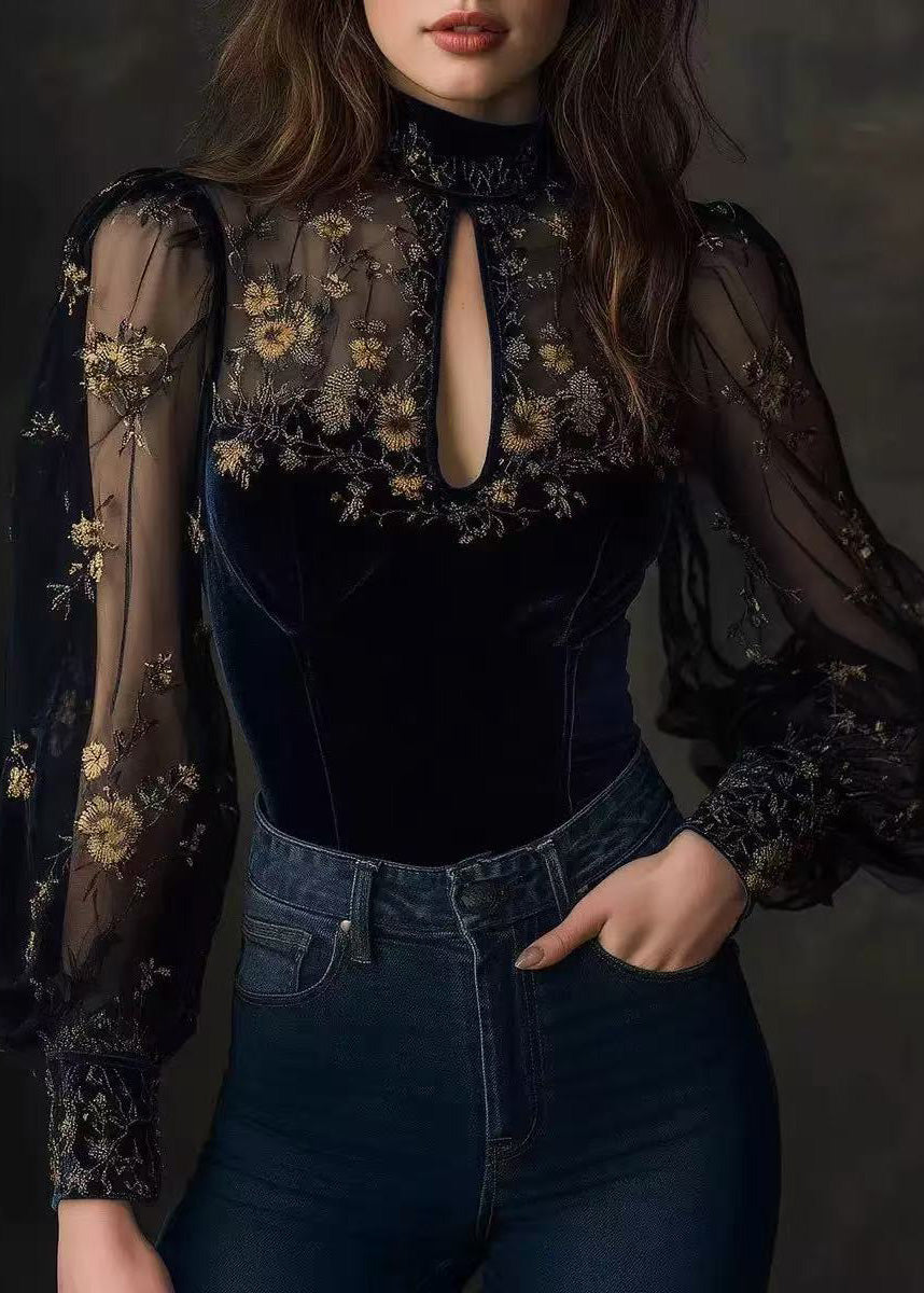 Boutique Blue Embroidered Tulle Patchwork Velour Top Spring